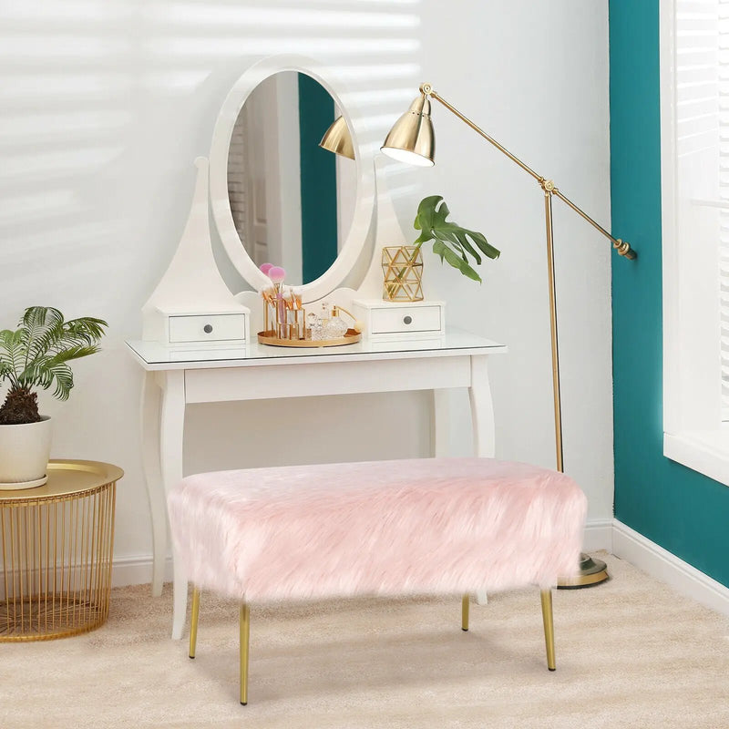 Upholstered Faux Fur Vanity Stool with Golden Legs for Makeup Room by DirectDeals