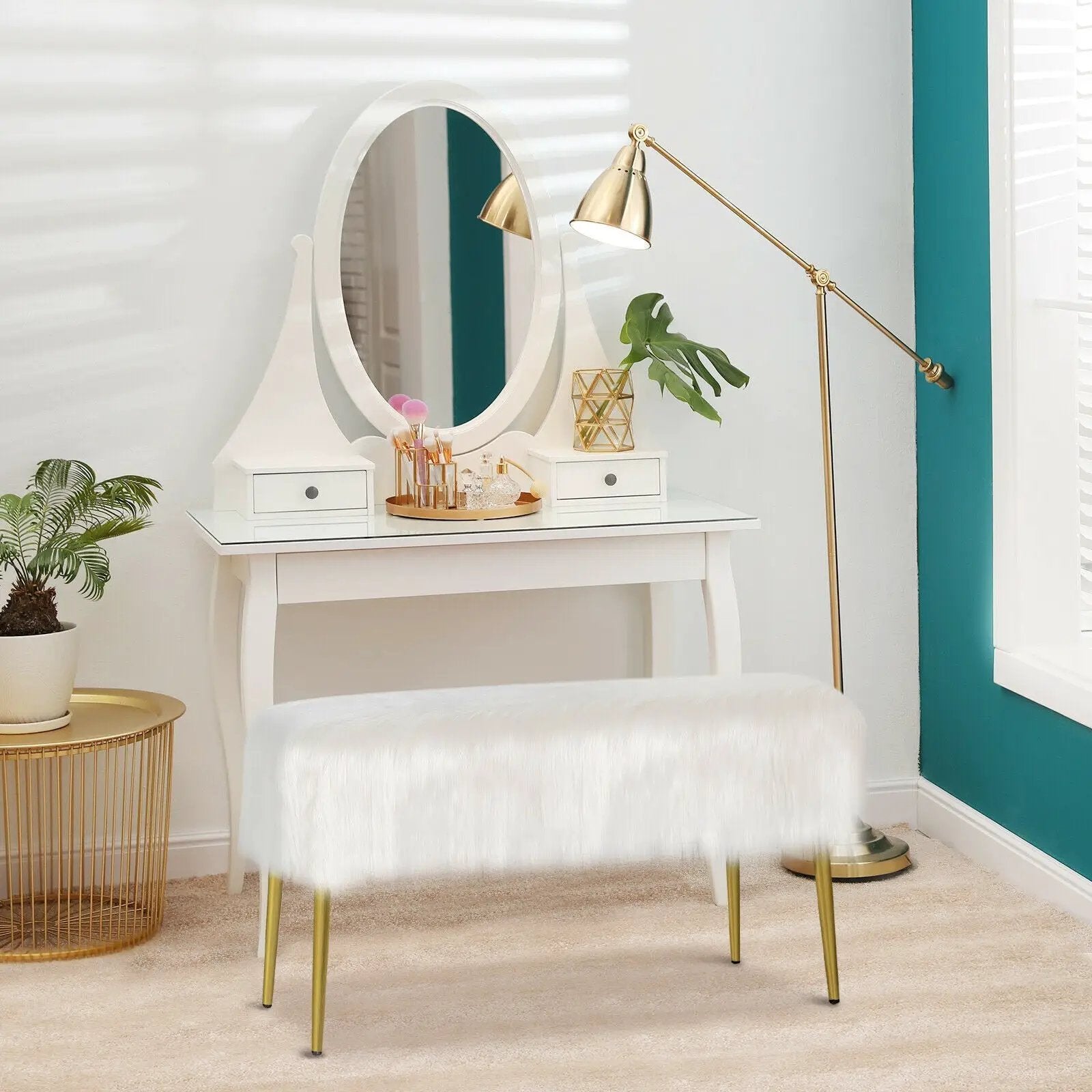 Upholstered Faux Fur Vanity Stool with Golden Legs for Makeup Room by DirectDeals