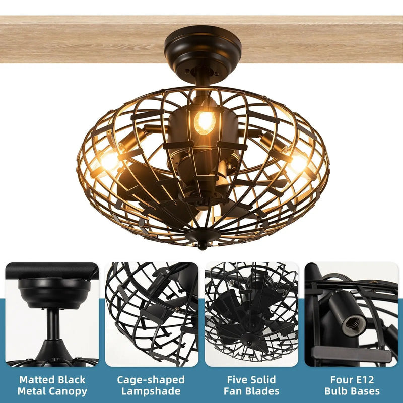 5 Blades Enclosed Ceiling Fan with Light and Remote Control-Black by DirectDeals