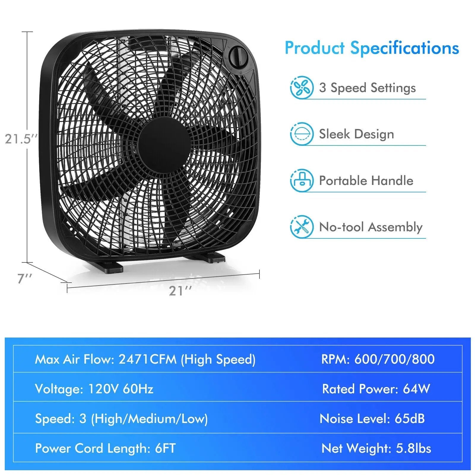 20 Inch Box Portable Floor Fan with 3 Speed Settings and Knob Control-Black by DirectDeals