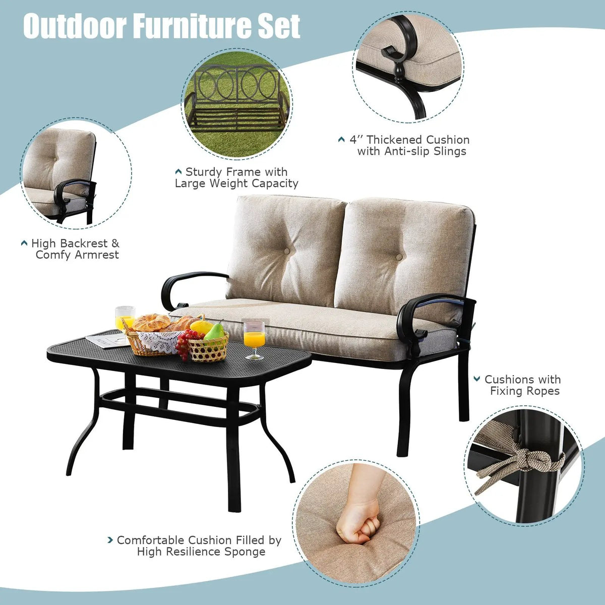 2 Pieces Patio Loveseat Bench Table Furniture Set with Cushioned Chair-Blue by DirectDeals