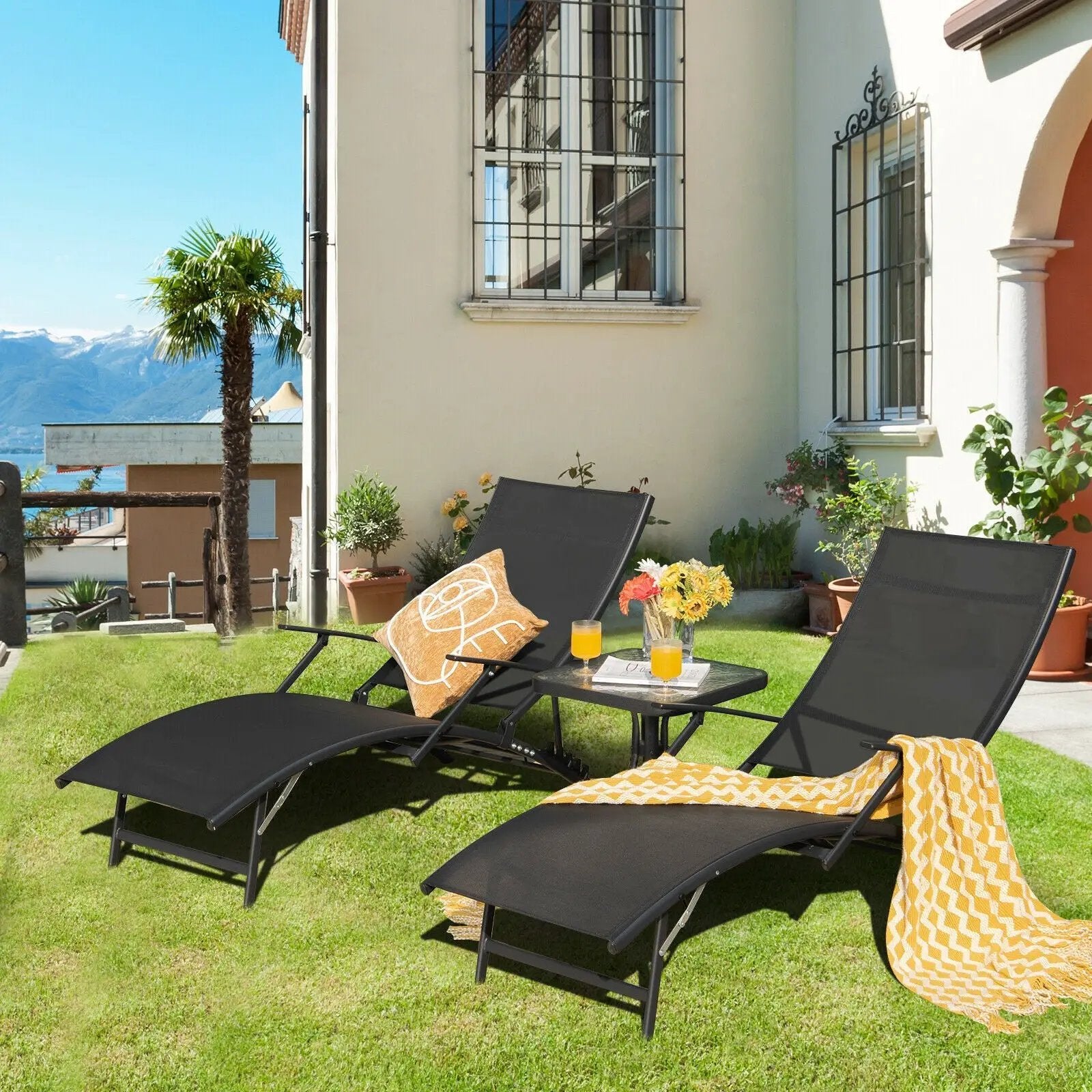 2 Pieces Patio Folding Stackable Lounge Chair Chaise with Armrest-Black by DirectDeals