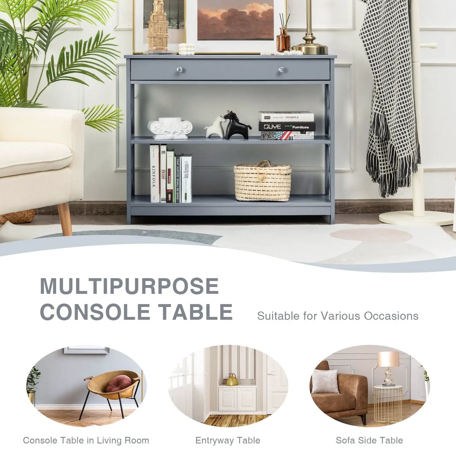 Console Table 3-Tier with Drawer and Storage Shelves by DirectDeals