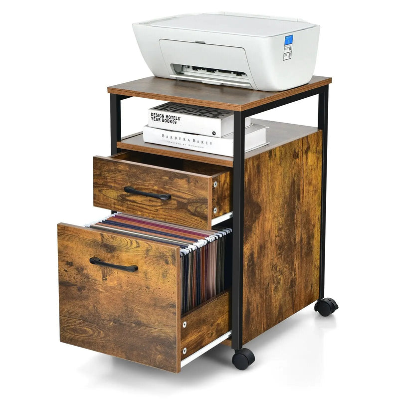 2 Drawer Mobile File Cabinet Printer Stand with Open Shelf for Letter Size-Rustic Brown by DirectDeals