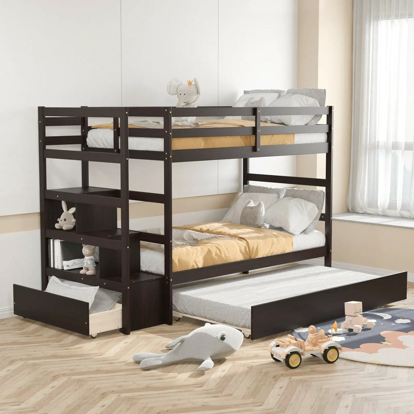 Twin Over Twin Bunk Bed with Storage Shelf and Drawer by DirectDeals