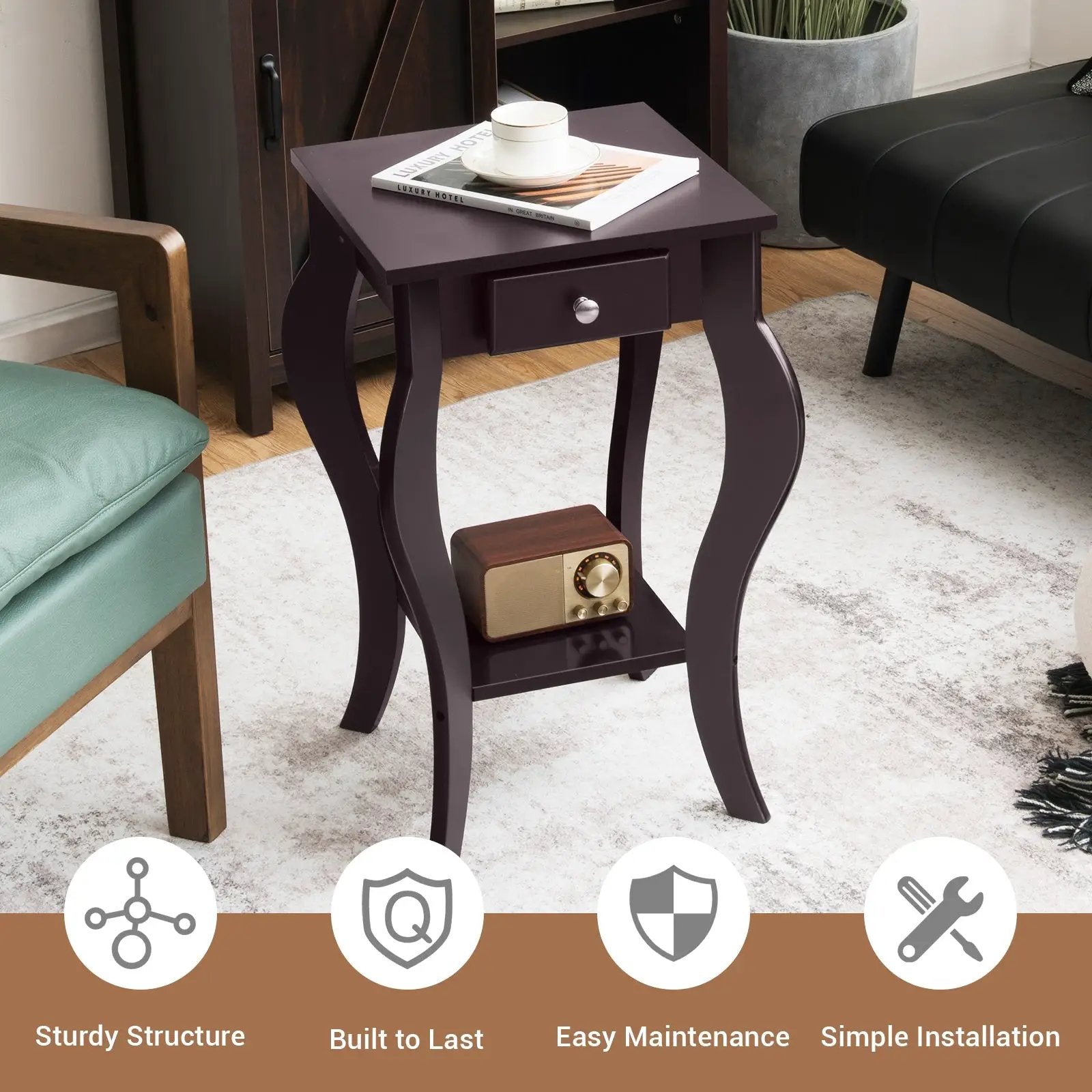 2-Tier End Table with Drawer and Shelf for Living Room Bedroom by DirectDeals