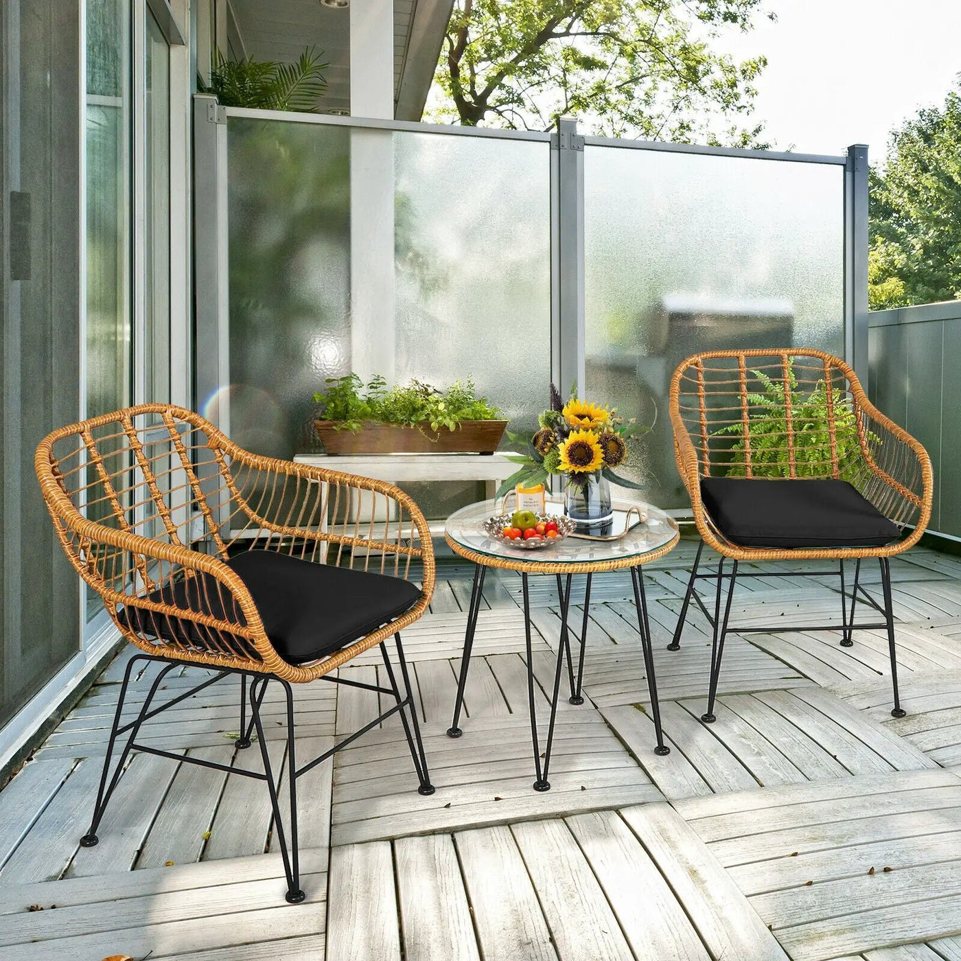 3 Pieces Rattan Furniture Set with Cushioned Chair Table by DirectDeals