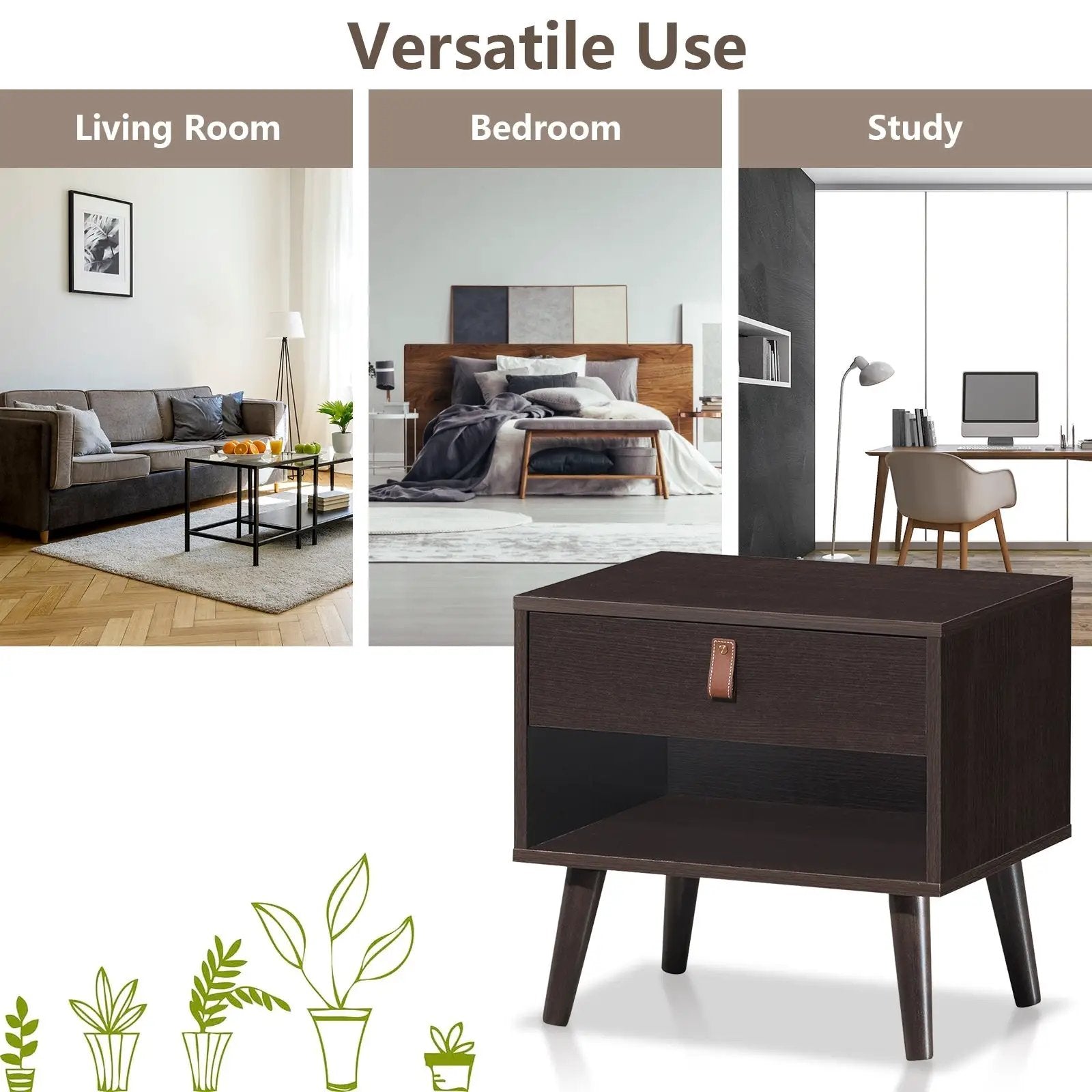 Nightstand Bedroom Table with Drawer Storage Shelf-Brown by DirectDeals