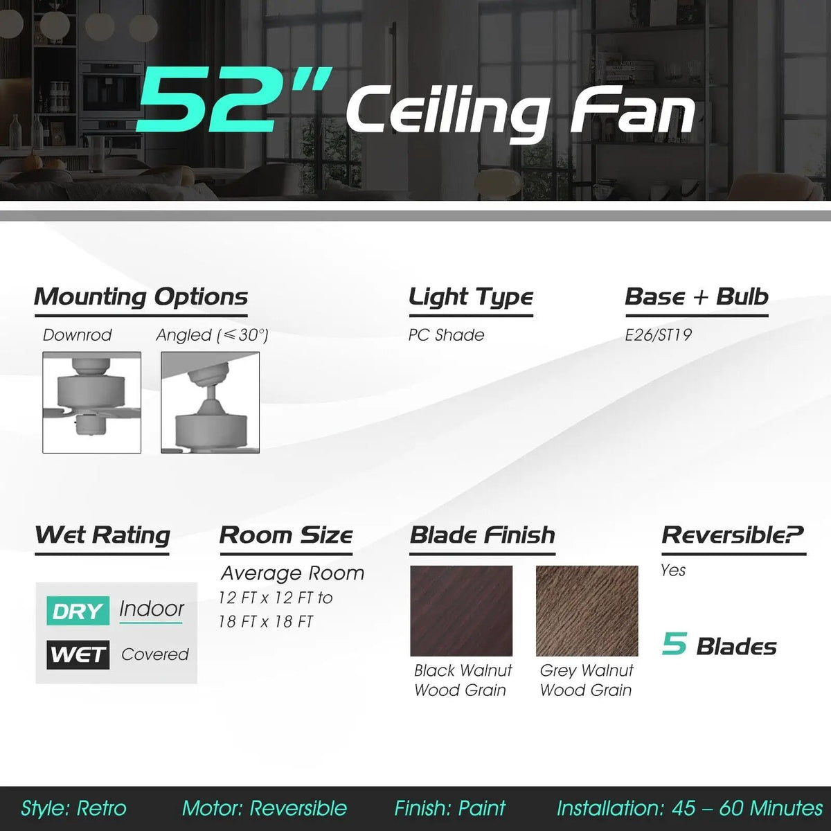 52 Inch Ceiling Fan with 3 Wind Speeds and 5 Reversible Blades by DirectDeals