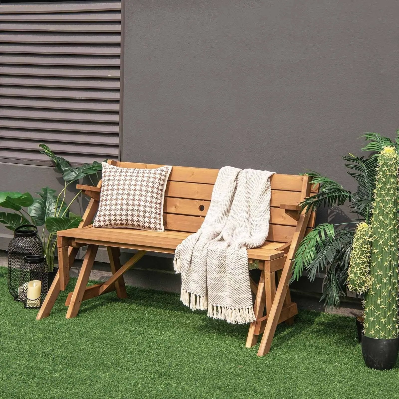 2-in-1 Transforming Interchangeable Wooden Picnic Table Bench with Umbrella Hole-Dark Brown by DirectDeals