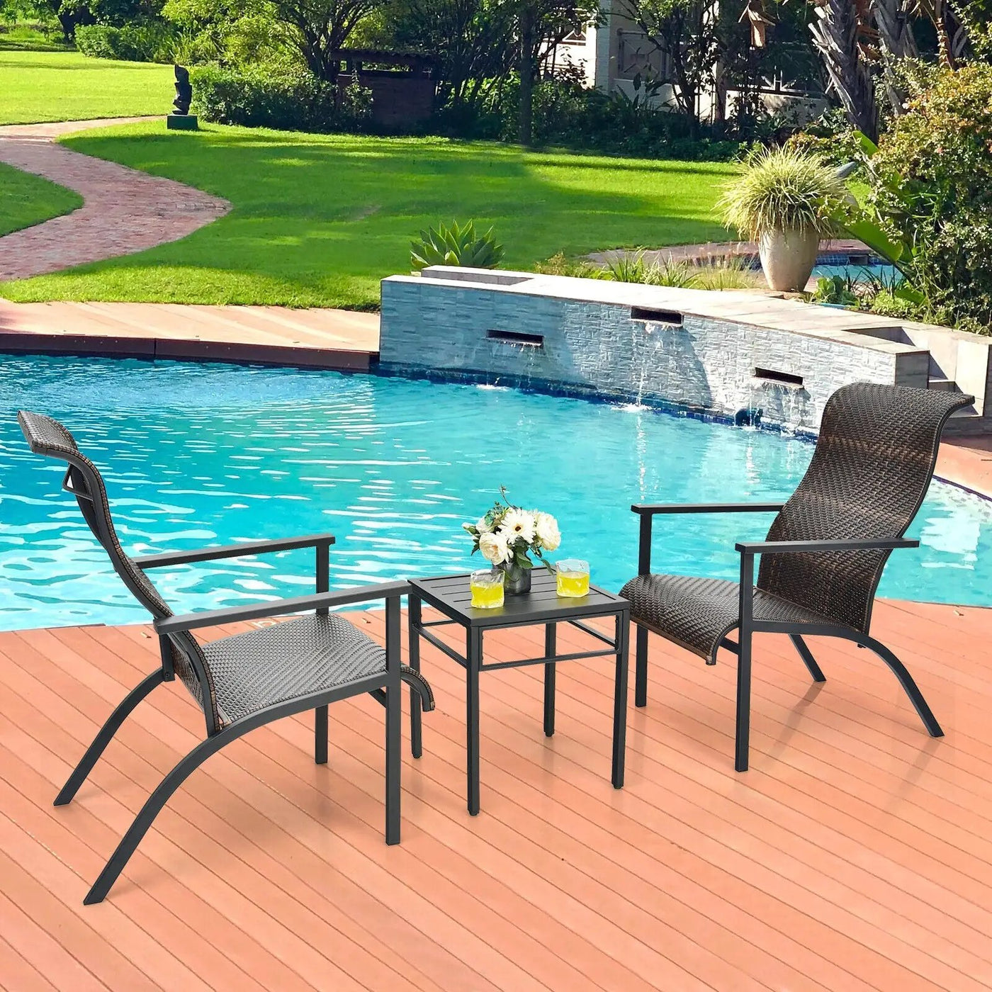 3 Pieces Patio Rattan Bistro Set with High Backrest and Armrest by DirectDeals
