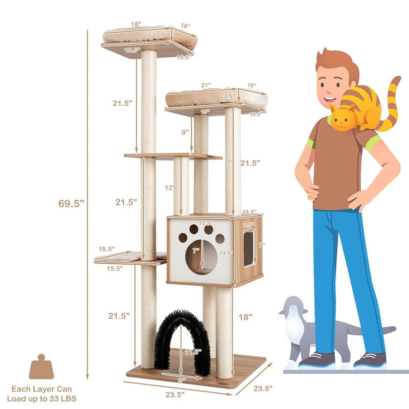 Indoor Cat Tree Tower with Platform Scratching Posts-Beige by DirectDeals