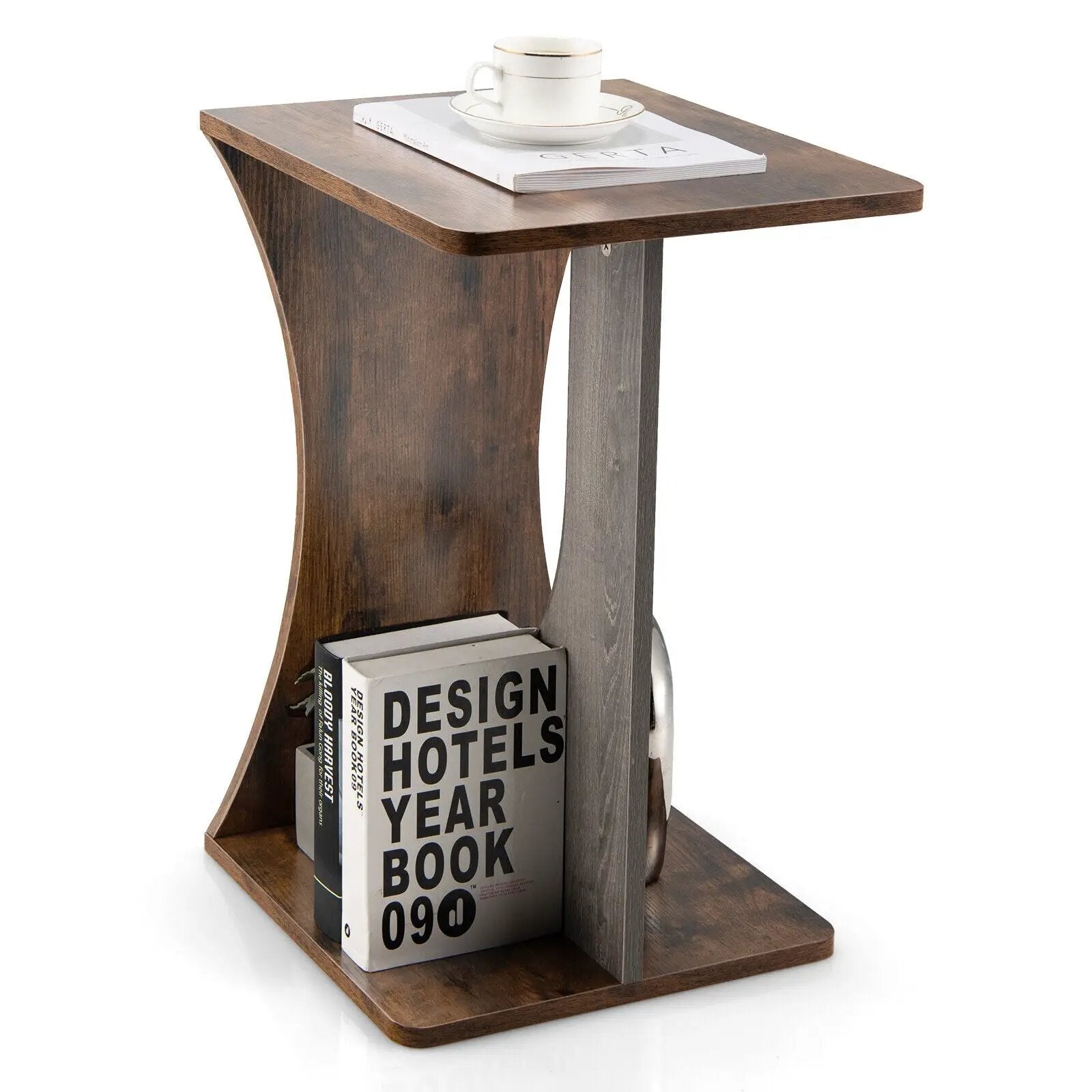 2-Tier Compact C-shape Sofa Side Table-Rustic Brown by DirectDeals