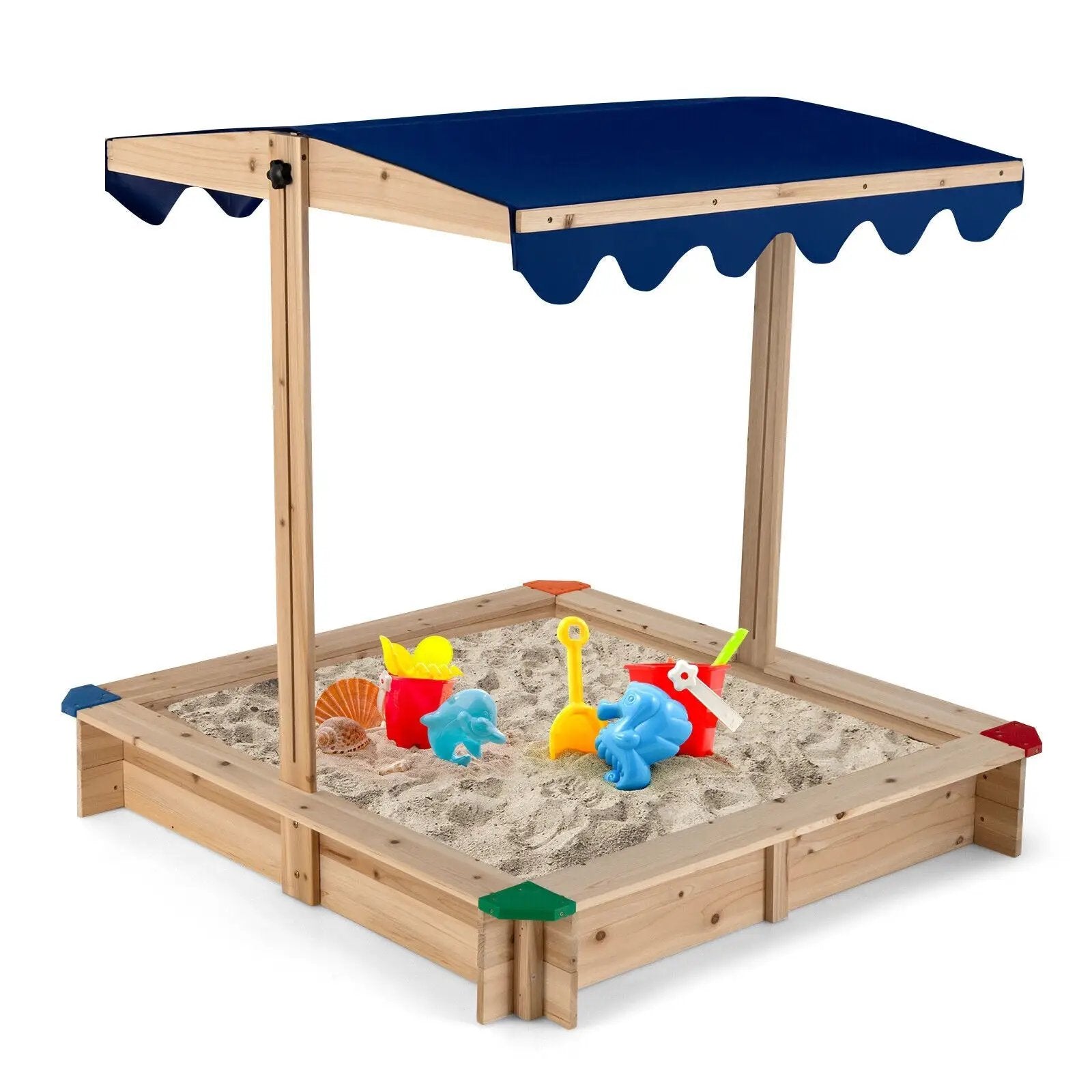 Kids Wooden Sandbox with Height Adjustable and Rotatable Canopy Outdoor Playset by DirectDeals