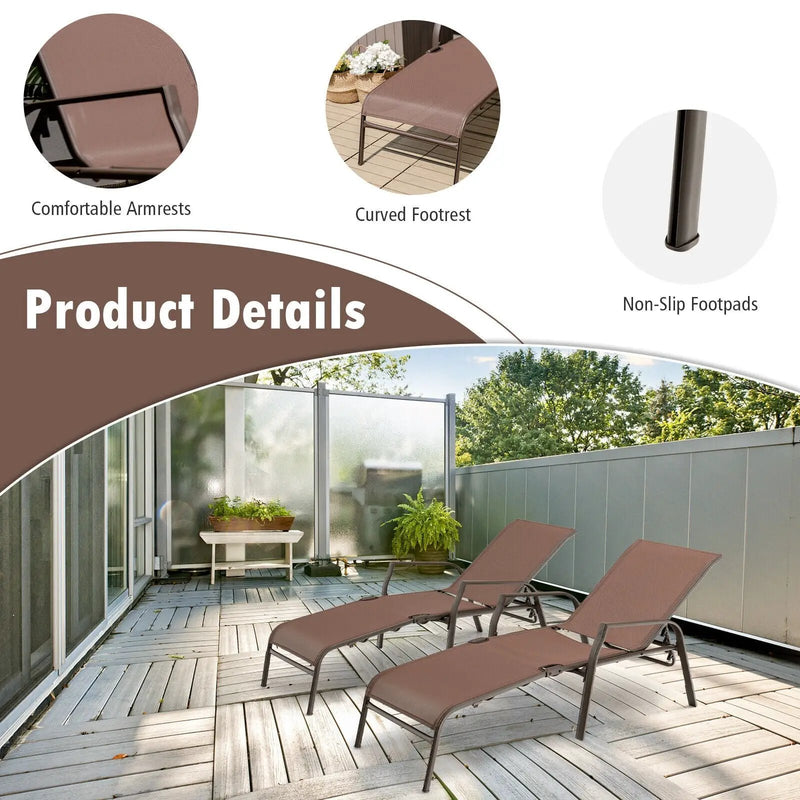 2 Pieces Patio Folding Chaise Lounge Chair Set with Adjustable Back-Brown by DirectDeals