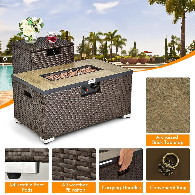 32 x 20 Inch Propane Rattan Fire Pit Table Set with Side Table Tank and Cover by DirectDeals