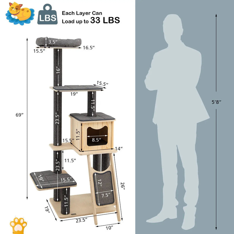 5-Tier Modern Wood Cat Tower with Washable Cushions-Gray by DirectDeals
