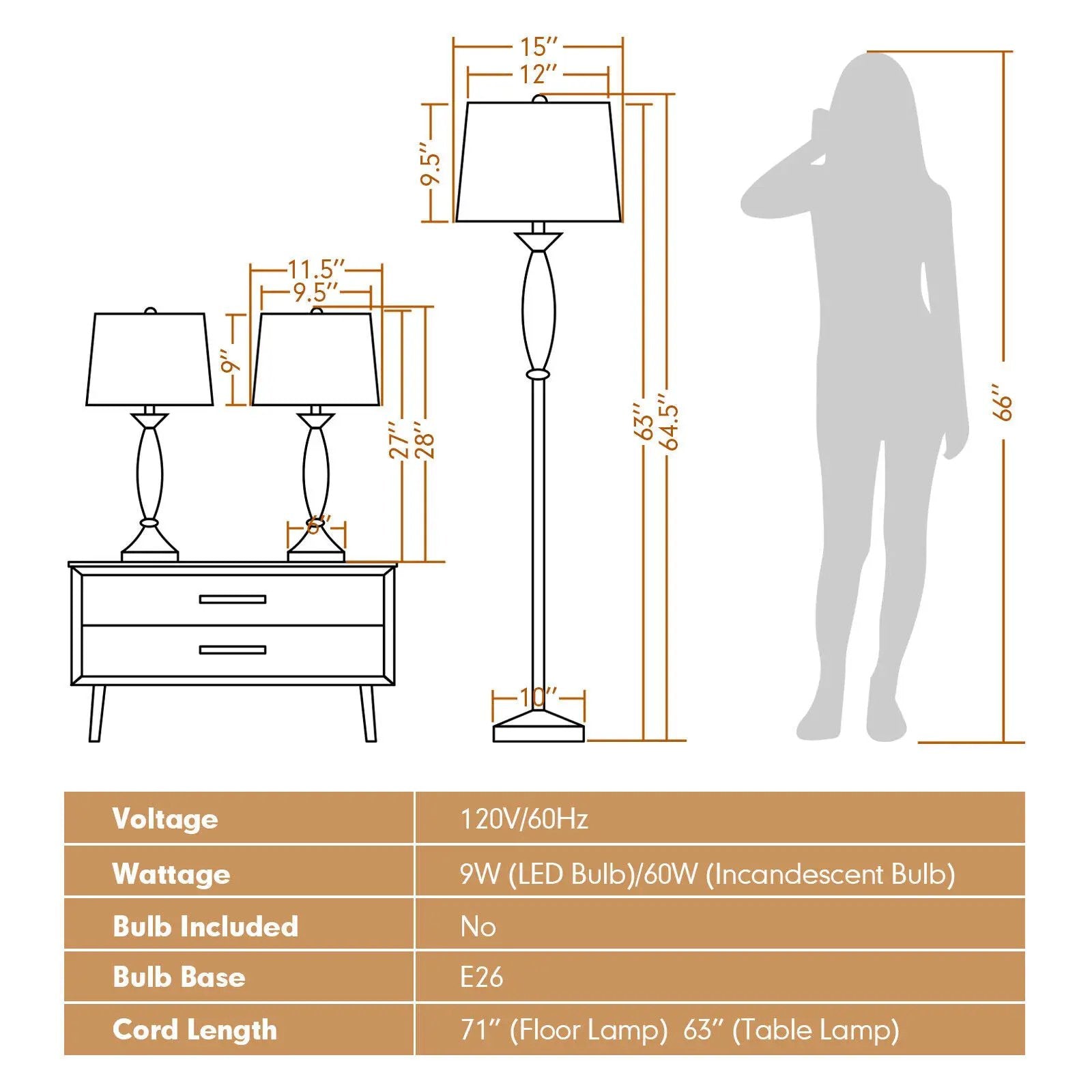 3-Piece Modern Nickel Finish Lamp Set-Silver by DirectDeals
