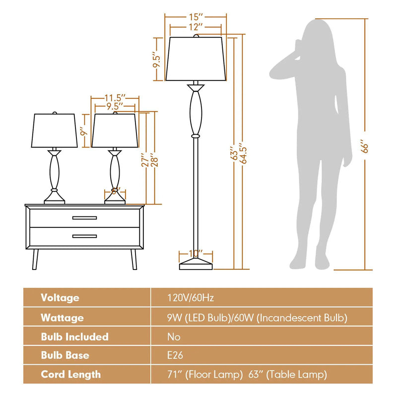 3-Piece Modern Nickel Finish Lamp Set-Silver by DirectDeals