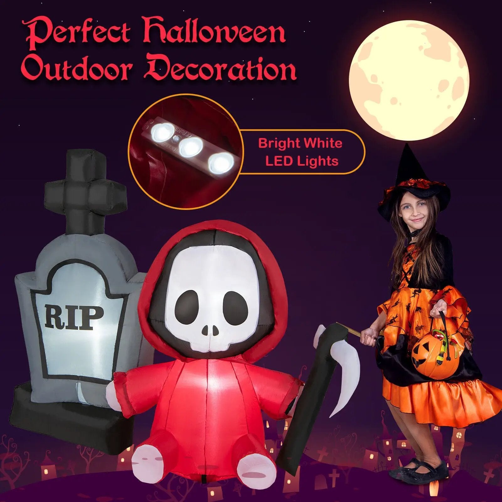 5 Feet Inflatable Halloween Ghost Holding Sickle and Tombstone Yard Decor by DirectDeals