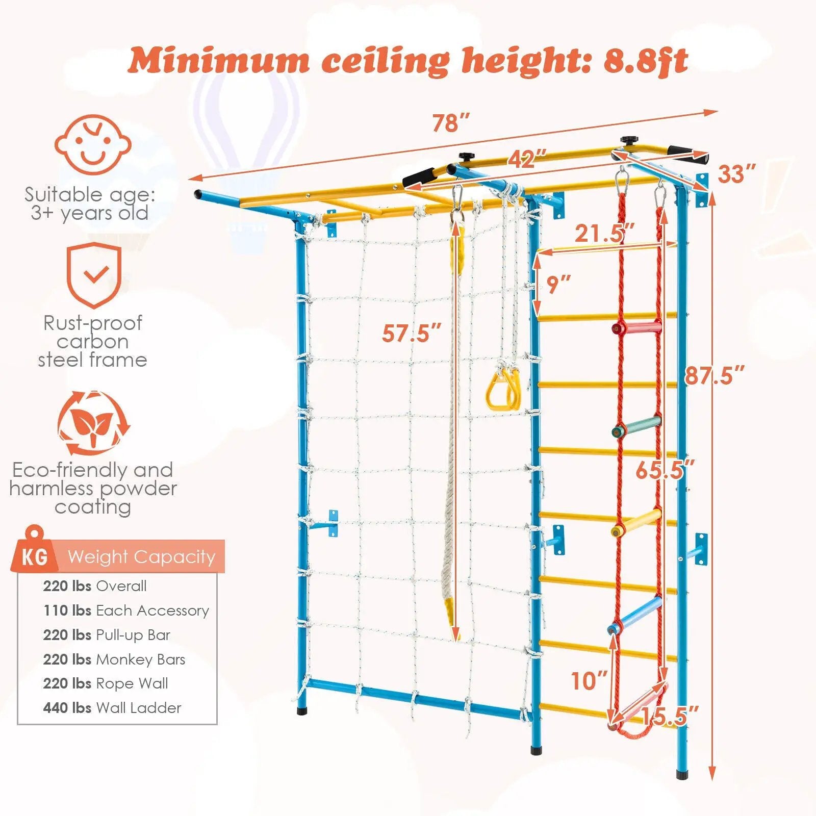 7 In 1 Kids Indoor Gym Playground Swedish Wall Ladder for Solid Wall-Yellow by DirectDeals