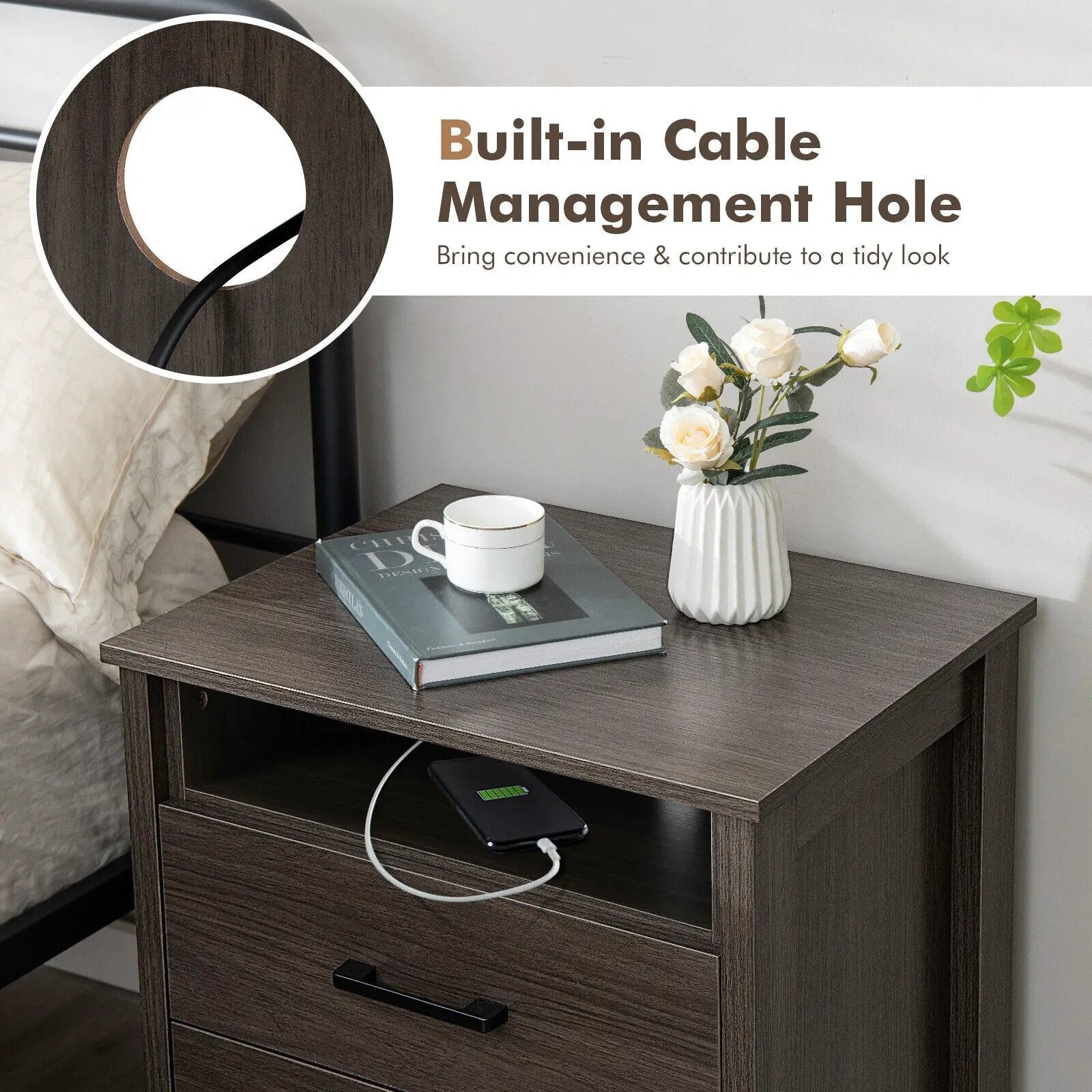 Modern Wood Grain Nightstand with Cable Hole and Open Compartment by DirectDeals