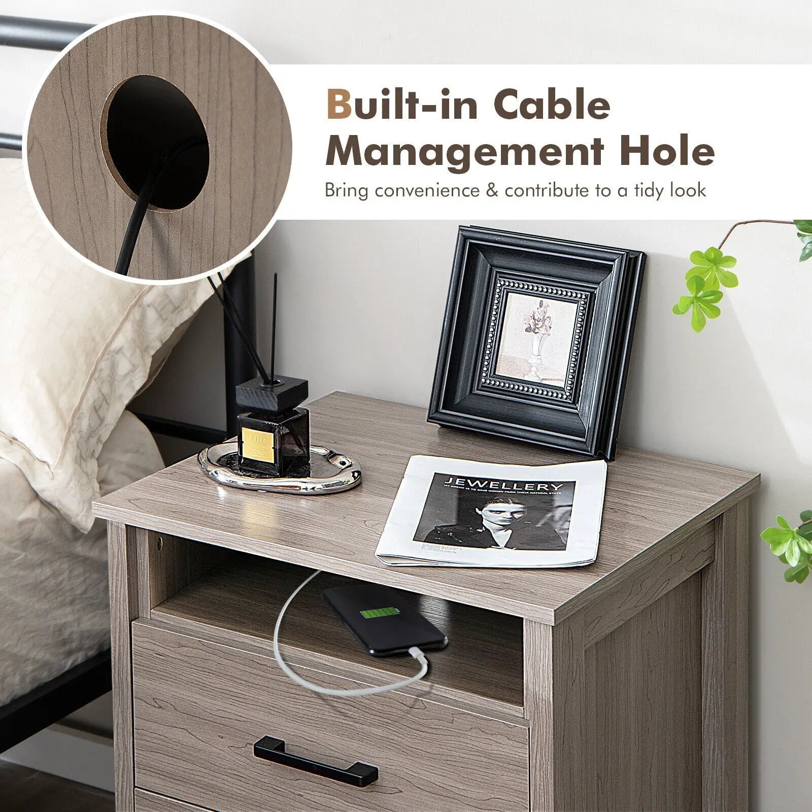 Modern Wood Grain Nightstand with Cable Hole and Open Compartment by DirectDeals
