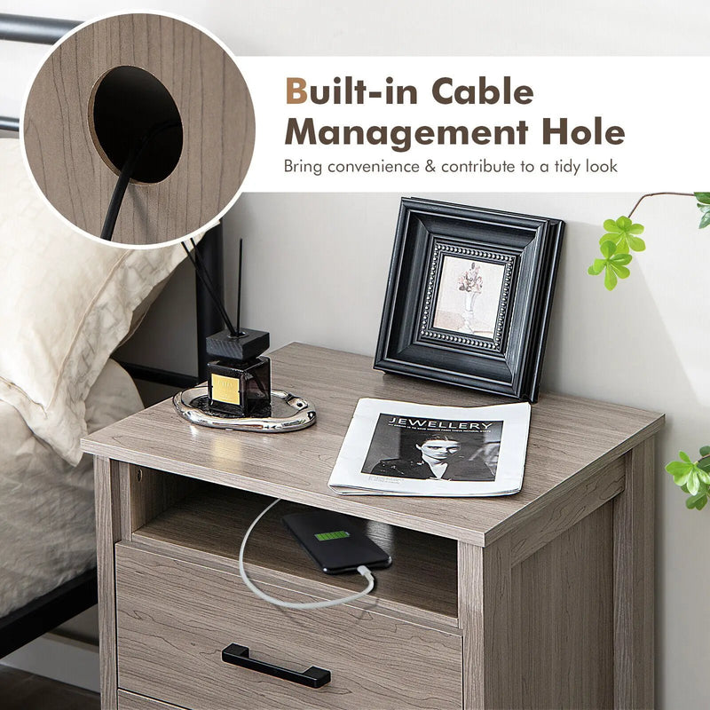 Modern Wood Grain Nightstand with Cable Hole and Open Compartment by DirectDeals
