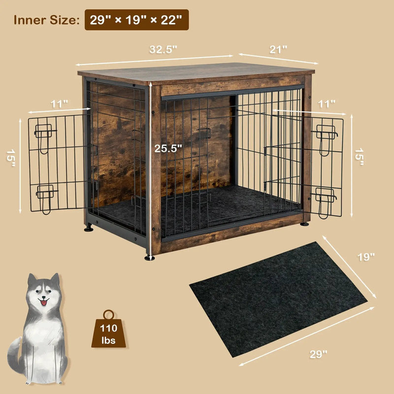 Wooden Dog Crate Furniture with Double Door and Tray-Brown by DirectDeals