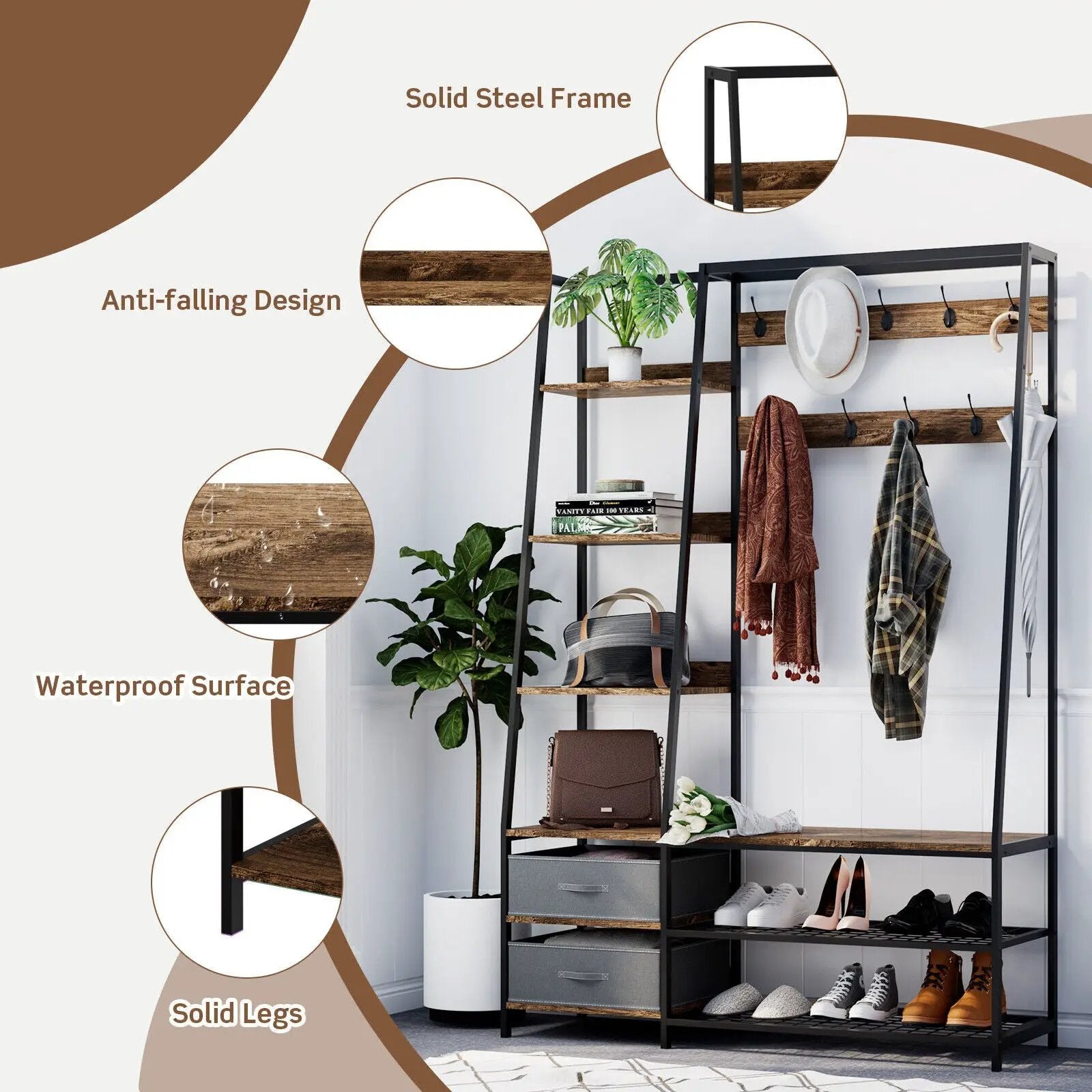 6-in-1 Freestanding Hall Tree Coat Rack with Bench and Fabric Dressers-Rustic Brown by DirectDeals