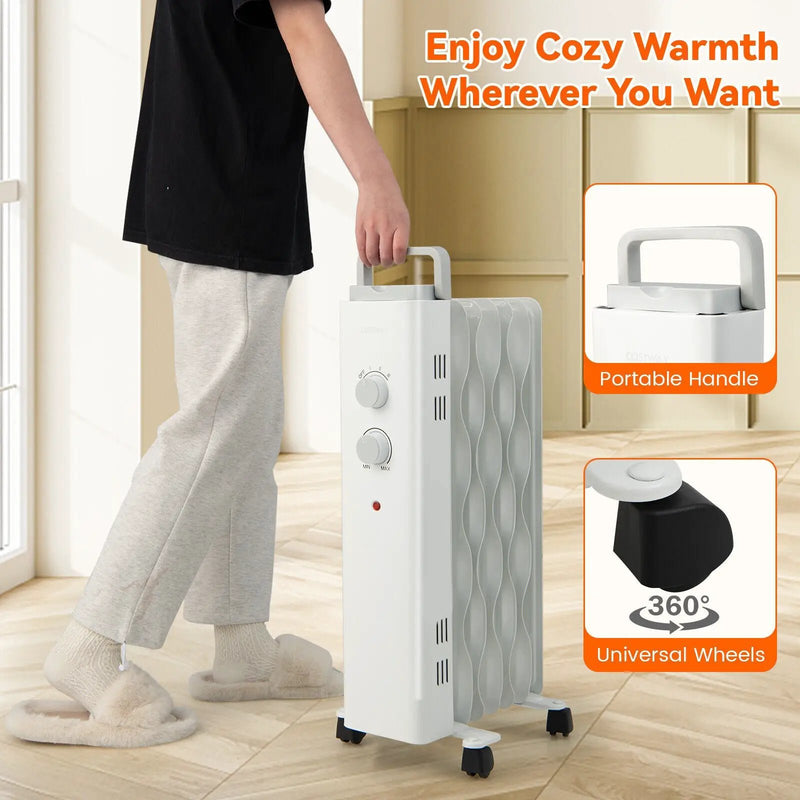 1500W Oil Filled Space Heater with Universal Wheels and 3-Level Heat-White by DirectDeals