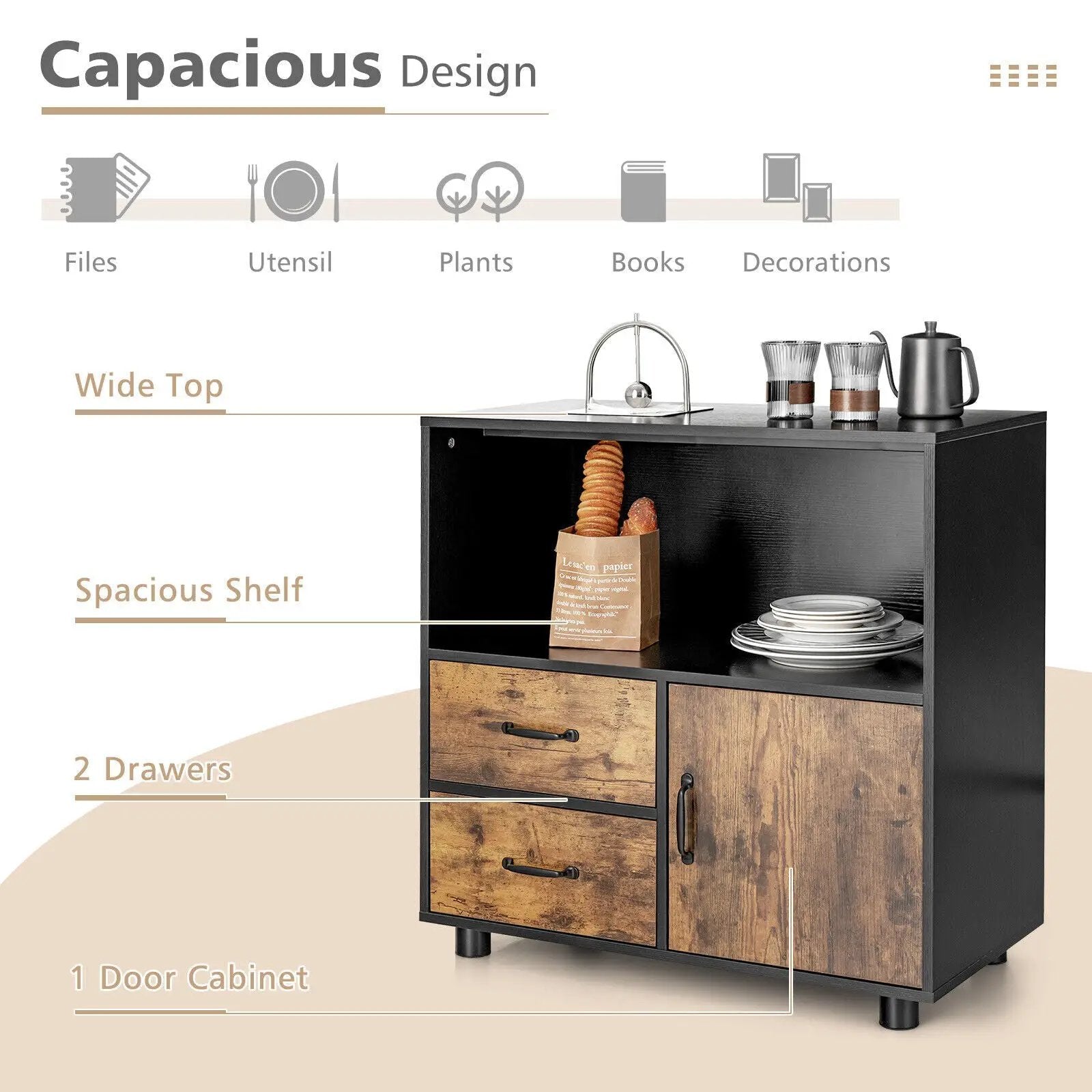 Kitchen Storage Buffet Sideboard with Wine Rack and Glass Holder-Black by DirectDeals