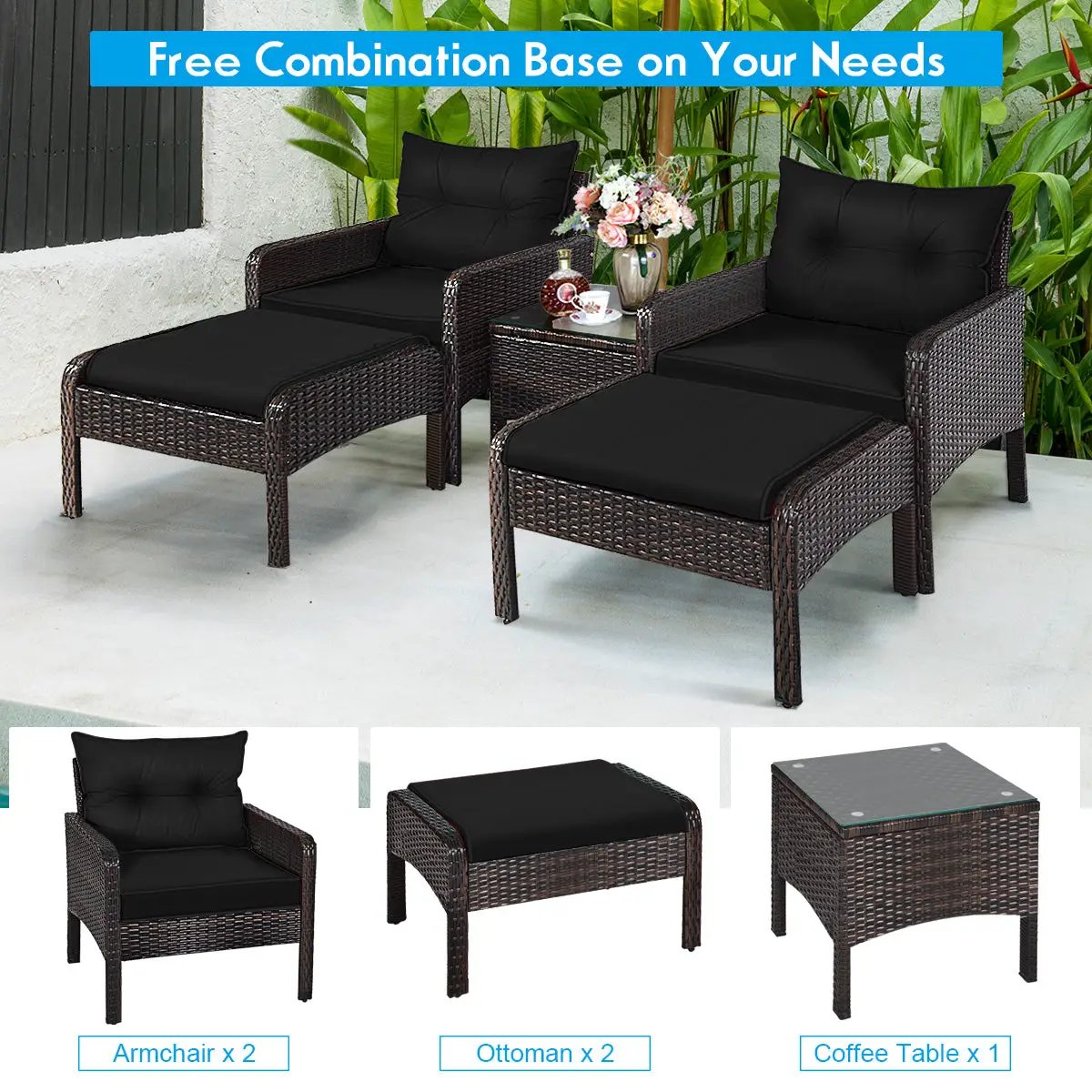 5 Pieces Patio Rattan Sofa Ottoman Furniture Set with Cushions-Black by DirectDeals