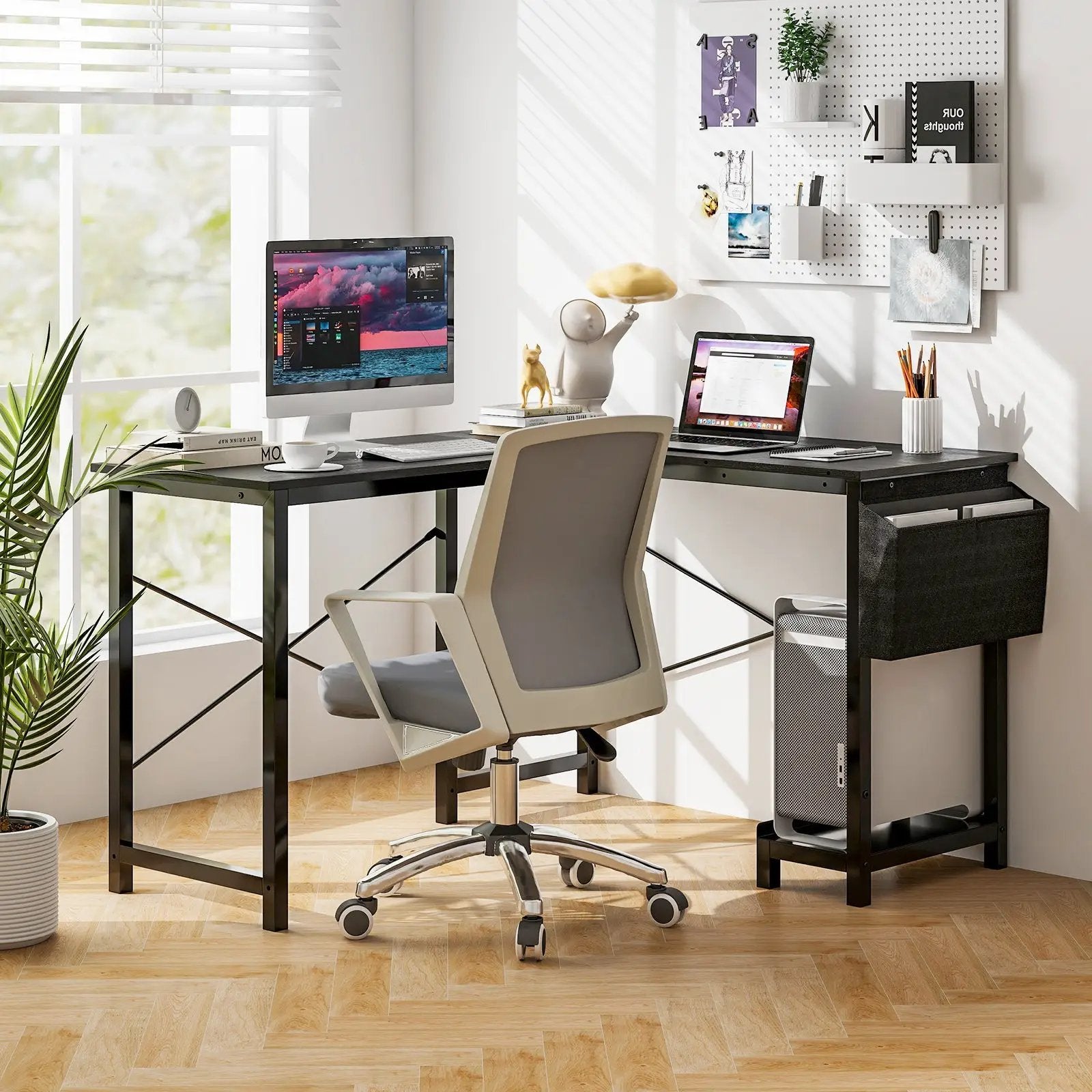 Modern Reversible Computer Desk with Storage Pocket and CPU Stand for Working Writing Gaming-Dark Gray by DirectDeals