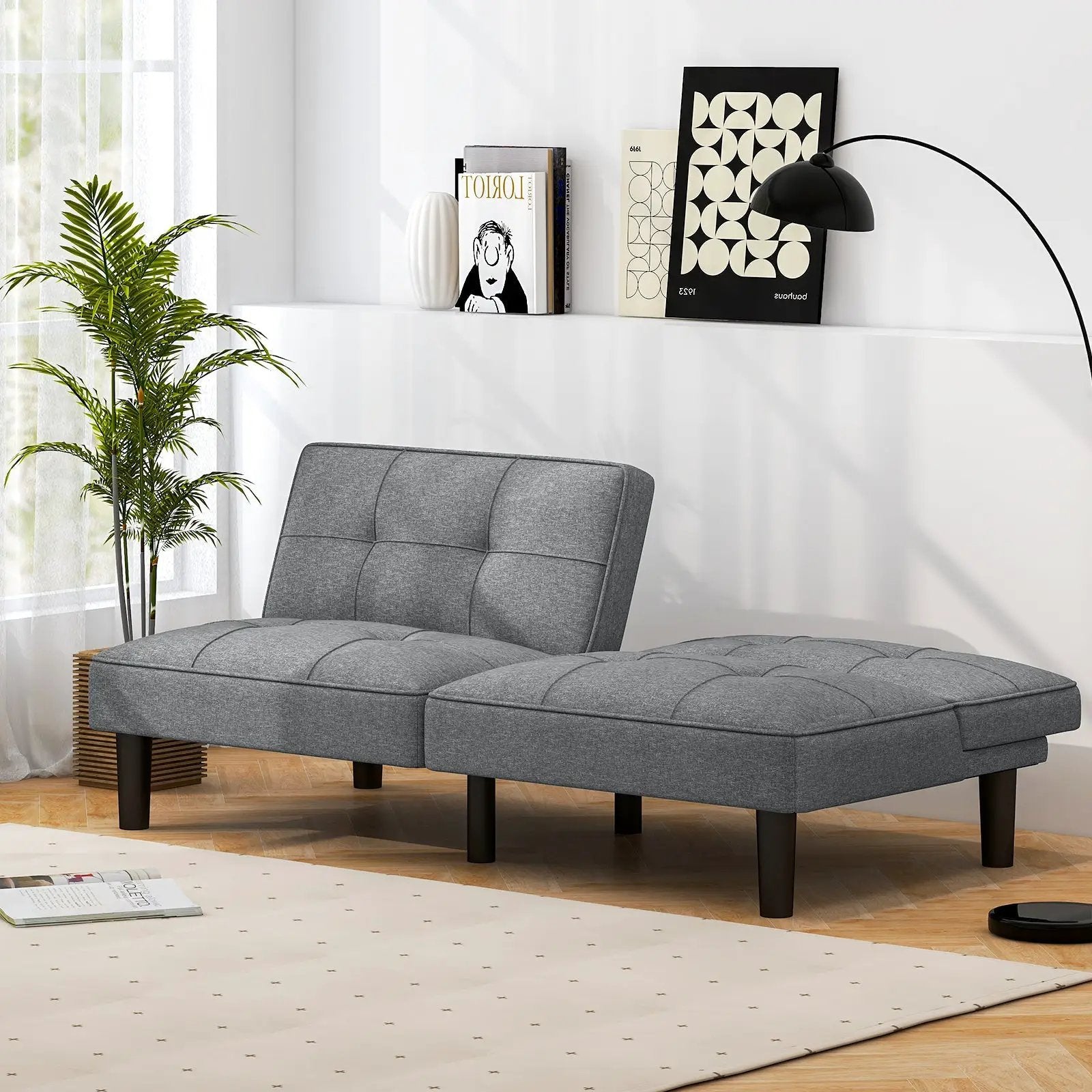 Convertible Folding Futon Sofa Bed with 6-Position Adjustable Backrest-Gray by DirectDeals
