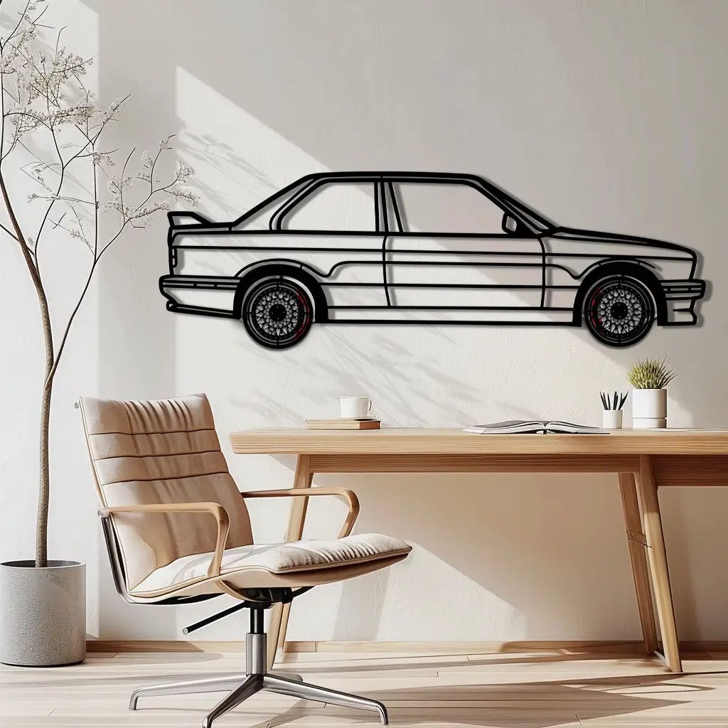 BMW E30 M3 Metal Car Wall Art with Rotating Wheels - Classic M Power Silhouette Decor - Interactive Automotive Wall Art - KAFMEKA100 by Enova Art