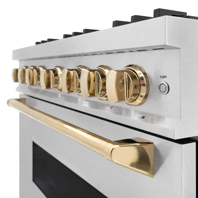 ZLINE 36" Classic Gas Range, Convection Gas Oven DuraSnow® Stainless Steel, Gold CGRSZ-36-G by Farmhouse Kitchen and Bath