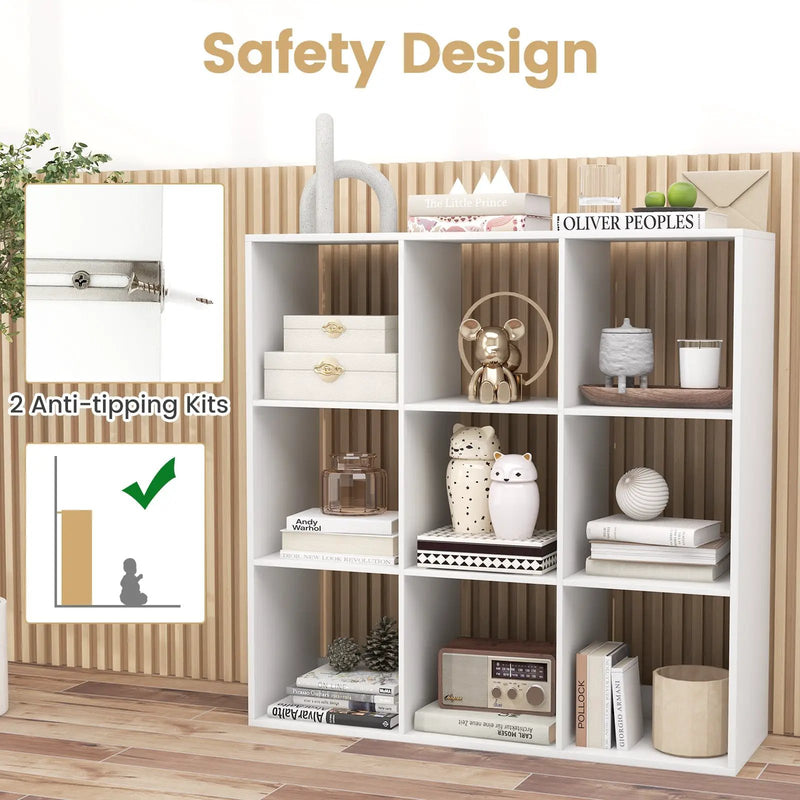 9 Cube Bookshelf with Back Guardrail for Living Room Bedroom-White by DirectDeals