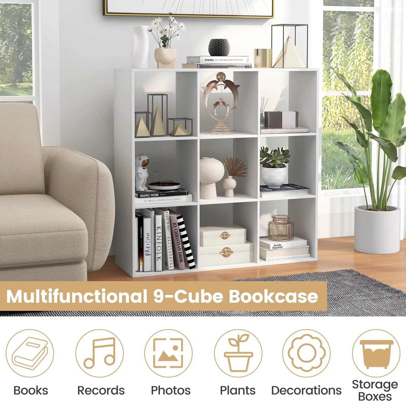 9 Cube Bookshelf with Back Guardrail for Living Room Bedroom-White by DirectDeals