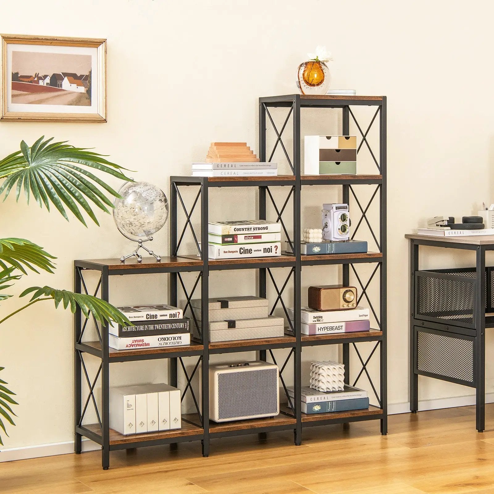 9 Cubes Bookcase with Carbon Steel Frame for Home Office-Rustic Brown by DirectDeals
