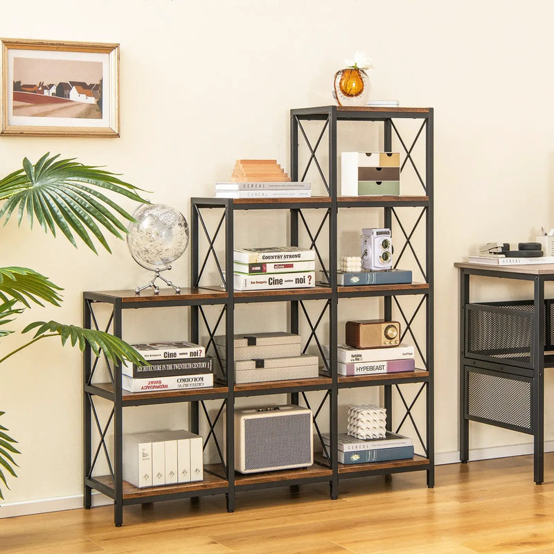 9 Cubes Bookcase with Carbon Steel Frame for Home Office-Rustic Brown by DirectDeals