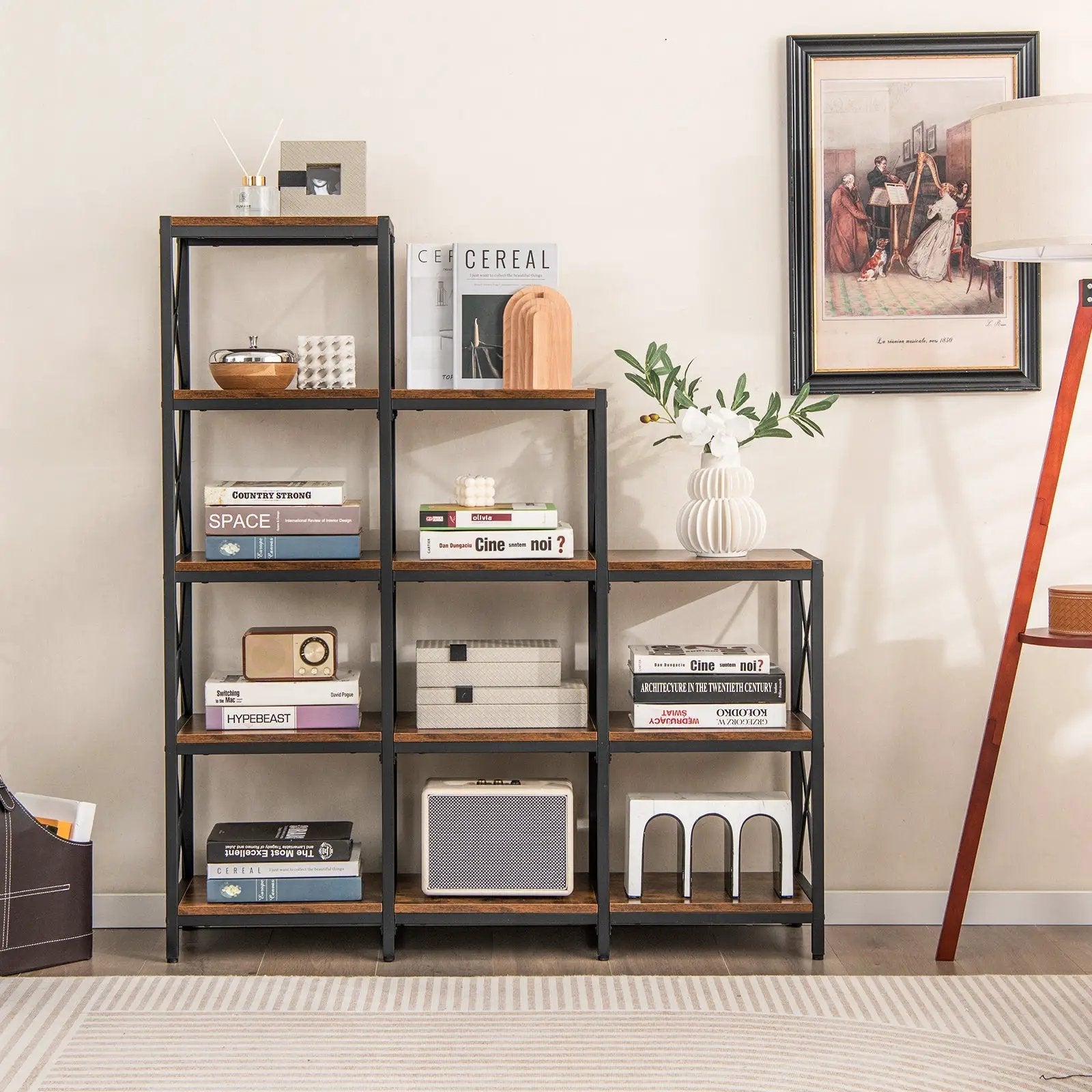 9 Cubes Bookcase with Carbon Steel Frame for Home Office-Rustic Brown by DirectDeals