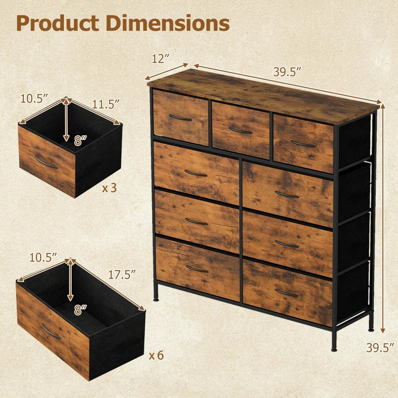 9-Drawer Fabric Dresser with Wooden Top for Bedroom by DirectDeals