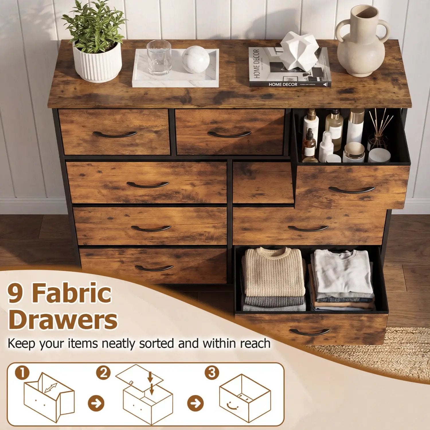 9-Drawer Fabric Dresser with Wooden Top for Bedroom by DirectDeals