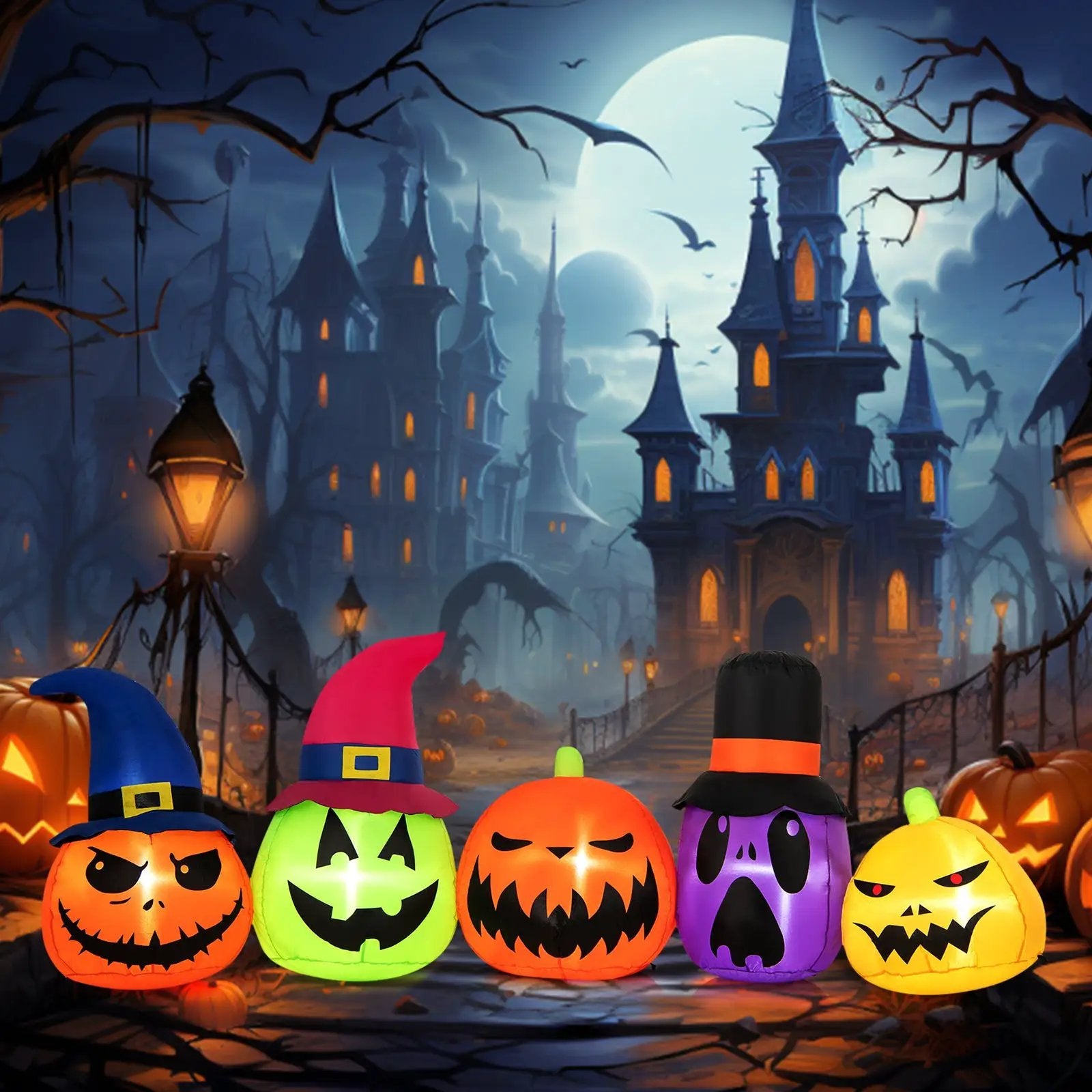 9 Feet Inflatable Pumpkin Patch Family with Built-in LED Lights and Witch Hats by DirectDeals