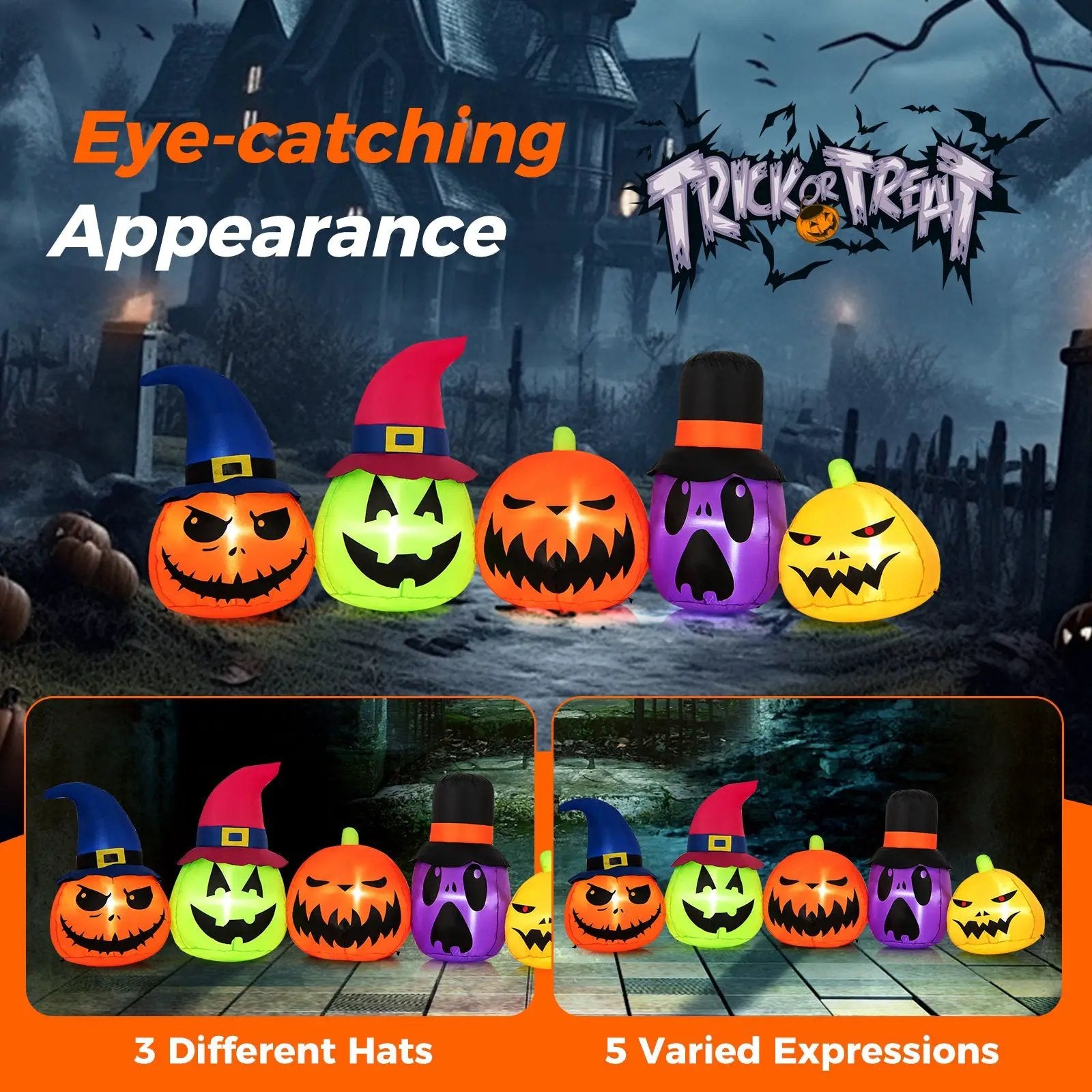 9 Feet Inflatable Pumpkin Patch Family with Built-in LED Lights and Witch Hats by DirectDeals
