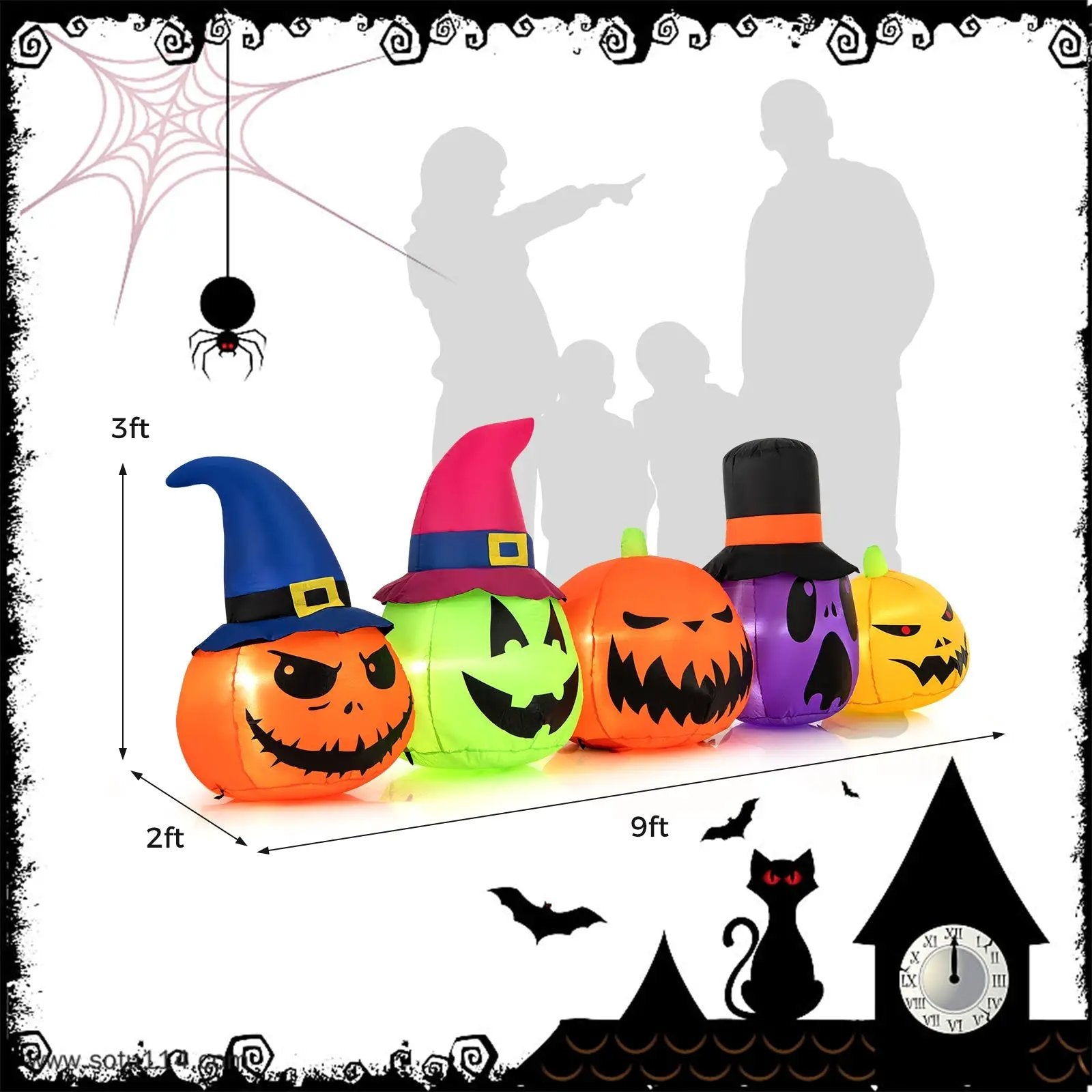 9 Feet Inflatable Pumpkin Patch Family with Built-in LED Lights and Witch Hats by DirectDeals
