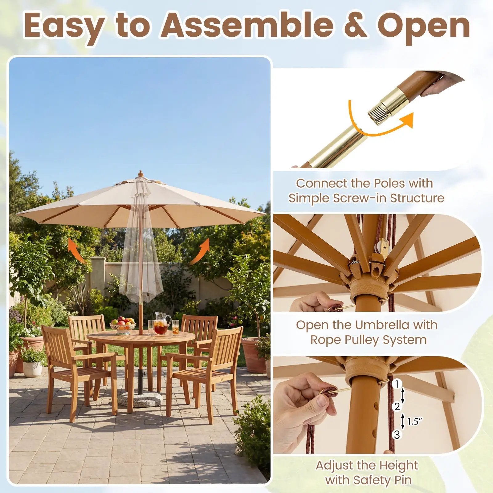 9 FT Patio Umbrella Outdoor Table Market Umbrella with 8 Sturdy Bamboo Ribs by DirectDeals