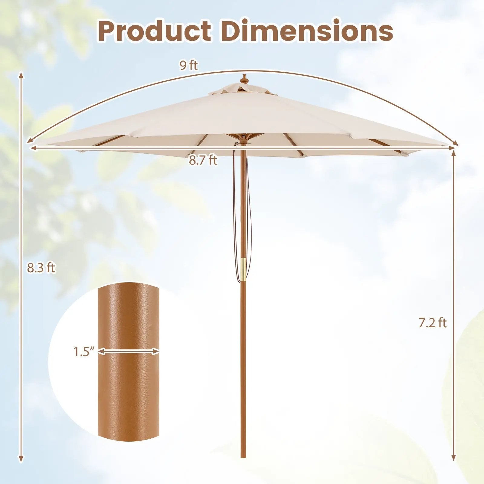 9 FT Patio Umbrella Outdoor Table Market Umbrella with 8 Sturdy Bamboo Ribs by DirectDeals