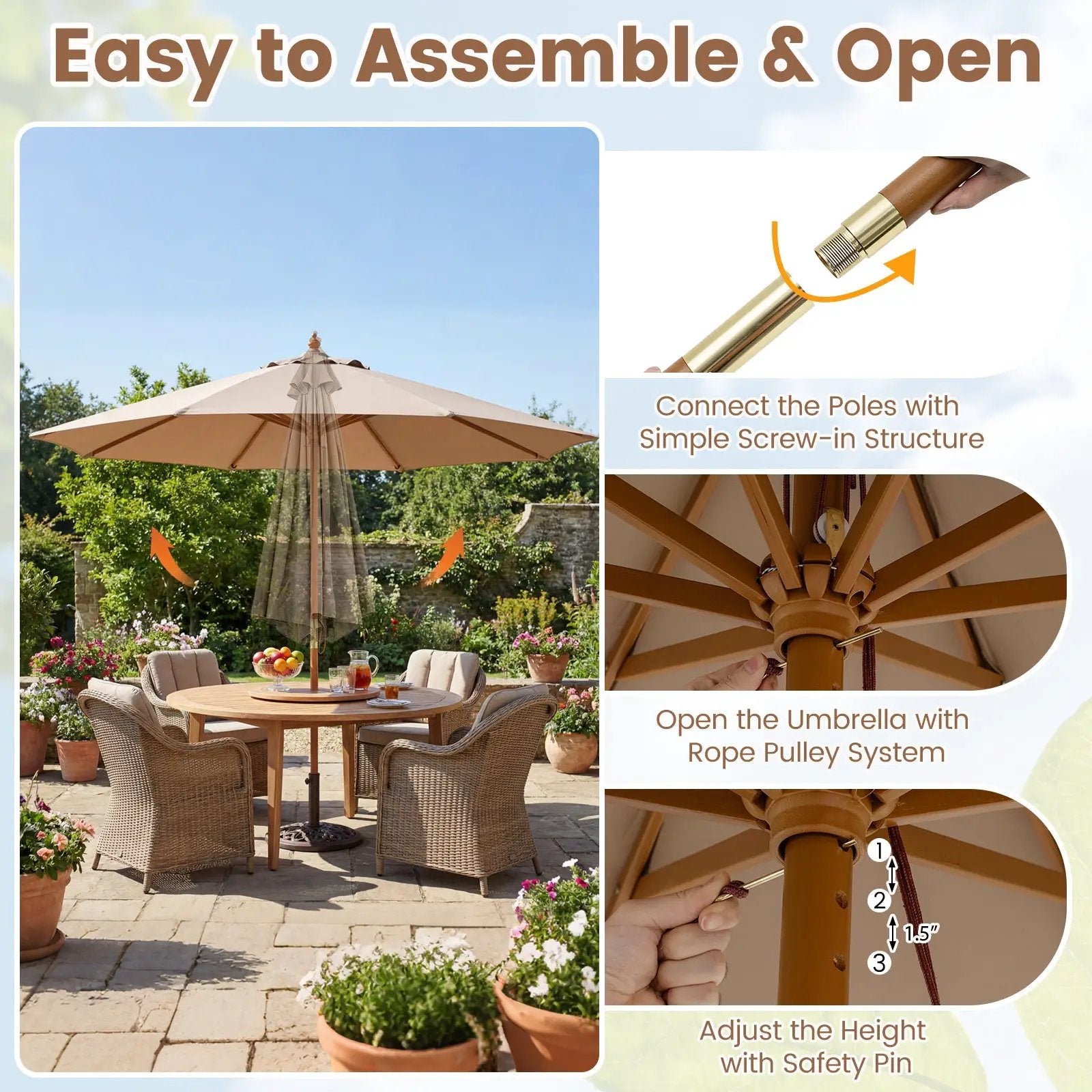 9 FT Patio Umbrella Outdoor Table Market Umbrella with 8 Sturdy Bamboo Ribs by DirectDeals